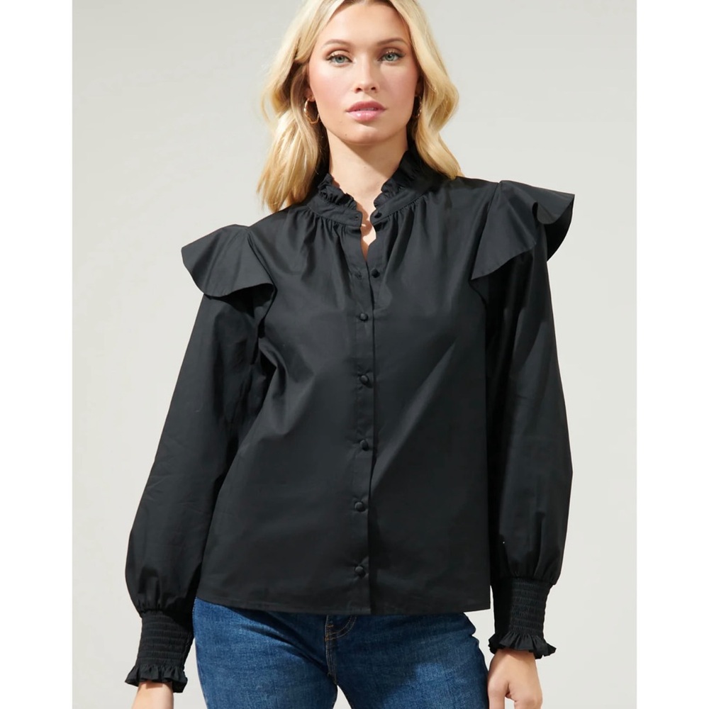 Sugarlips Malbec Ruffle Button Front Black Poplin Blouse Size XS